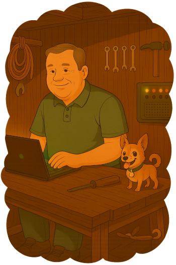 Cozy workshop illustration of a web developer performing website updates and troubleshooting, and a small dog nearby.