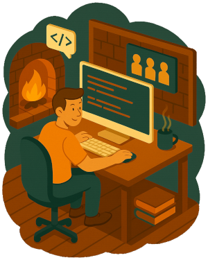 Illustration of a developer writing code at a desk in a cozy workshop, working on website updates and fixes.