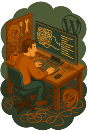 Isometric workshop scene of a developer unraveling tangled code, with tools, cables, and a cozy workspace around him.
