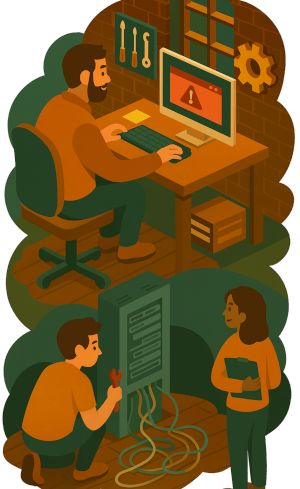 Isometric workshop scene of developers fixing website errors and troubleshooting server issues.