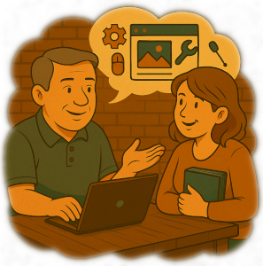 Illustration of a web developer consulting with a client in a cozy workshop, discussing website fixes and support.