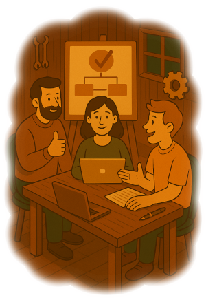 Illustration of people meeting in a cozy web development office, with a rustic, artisian feel, to discuss a website project.