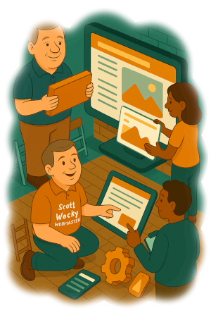 Illustration of a small team working with a webmaster to adjust a website layout in a cozy workshop environment.