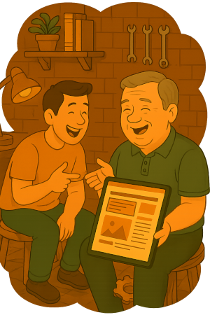 Illustration of a small team working with a webmaster to adjust a website layout in a cozy workshop environment.